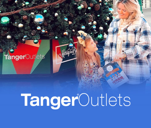 A woman and girl holding The Elf on the Shelf Scavenger Hunt booklet while smiling. Tanger Outlets logo.