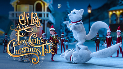 Elf Pets Arctic Fox Cubs jumping and elves dancing with Elf Pets Fox Cub's Christmas Tale logo