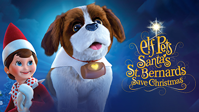 Girl Elf with Elf Pets Pup with Elf Pets Santa's Saint Bernards Save Christmas logo