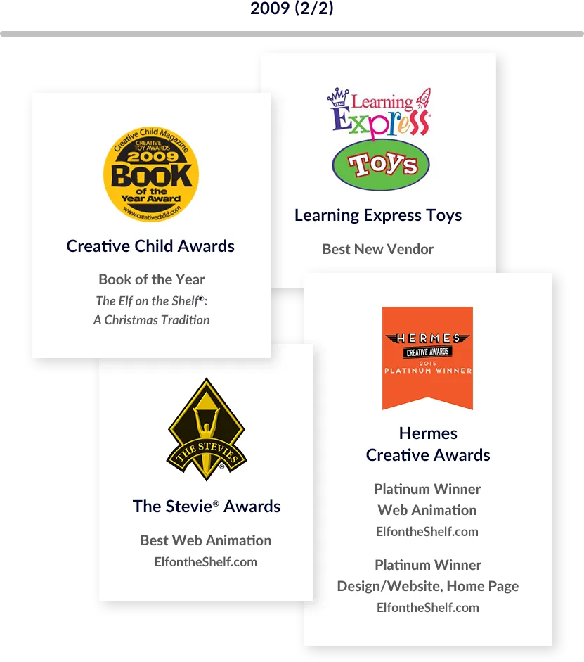 List of 2009 Awards, part 2 of 2. The Creative Child Awards gave The Elf on the Shelf: A Christmas Tradition the Book of the Year award. Learning Express Toys named The Lumistella Company as the Best New Vendor. At the Hermes Creative Awards elfontheshelf.com was given Platinum awards for Web Animation and Design/Website, Home Page categories. Elfontheshelf.com was given Best Web Animation by The Stevie Awards.