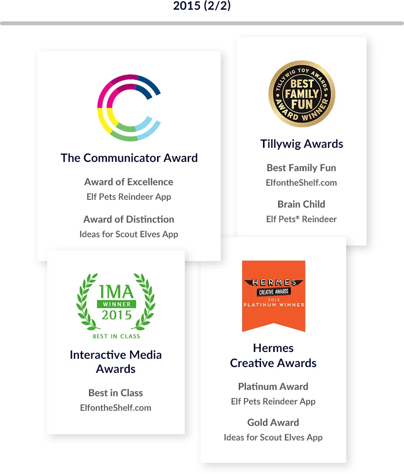 List of 2015 Awards, part 1 of 2. The Elf Pets Reindeer App was given an Award of Excellence, and the Ideas for Scout Elves App was given an Award of Distinction by The Communicator Awards. Elfontheshelf.com was given a Best Family Fun award, and the Elf Pets Reindeer tradition was given a Brain Child award at the Tillywig Awards. Elfontheshelf.com was named Best in Class at the Interactive Media Awards. At the Hermes Creative Awards the Elf Pets Reindeer App was given a Platinum Award, and the Ideas for Scout Elves App was given a Gold Award.