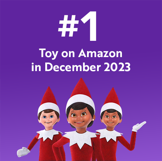White text that reads Number 1 Toy on Amazon in December 2023 over a purple background. 2 boy Scout Elves and a girl Scout Elf standing at the bottom.