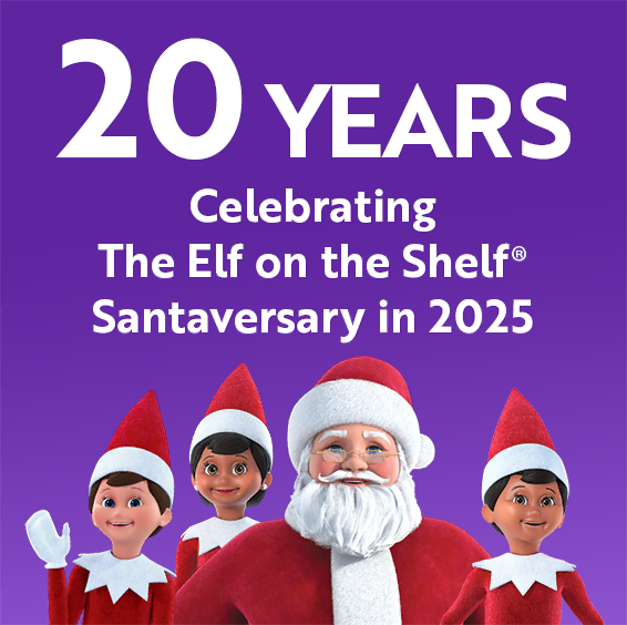 White text that reads 20 Years Celebrating The Elf on the Shelf Santaversary in 2025 over a purple background. Scout Elves and Santa are at the bottom.