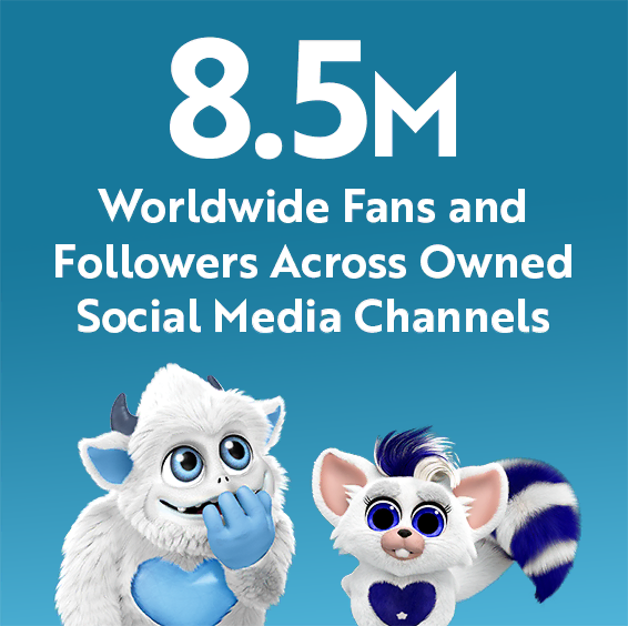 White text that reads 8 and a Half Million Worldwide Fans and Followers Across Owned Social Media Channels over a blue background. Little Grunt and a Bogie are at the bottom.