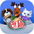 Elf Pets Feeding Frenzy App icon with the Elf Pets Saint Bernard, Reindeer, and Arctic Fox holding treats in their mouths. The Elf Pets logo is at the bottom.