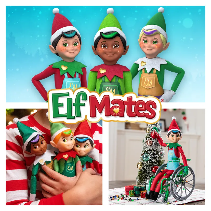Collage of the 3D animated Elf Mates, a close up of a child holding all three Elf Mate products, and an Elf Mate sitting in a wheelchair hanging an ornament on a Christmas tree