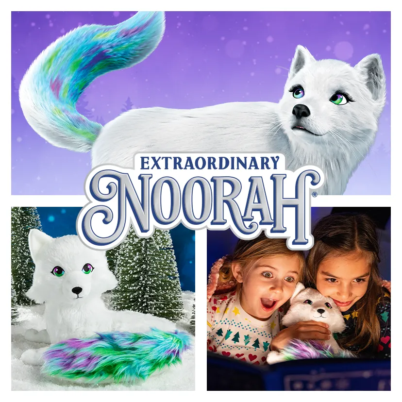 Collage of the 3D animated Extraordinary Noorah, the Extraordinary Noorah plush, and 2 children reading the Extraordinary Noorah storybook while holding the matching plush
