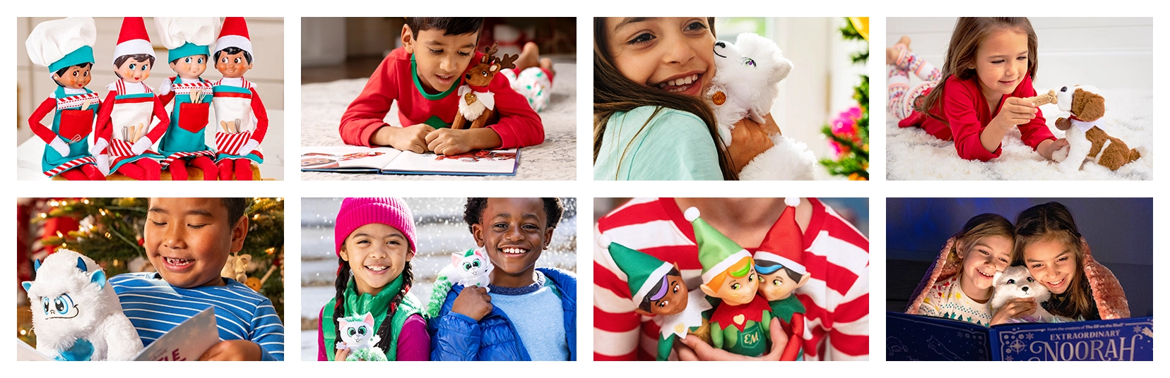 A collage of children interacting with The Elf on the Shelf, Elf Pets, SnoBiggie, Bogies, Elf Mates, and Noorah products.