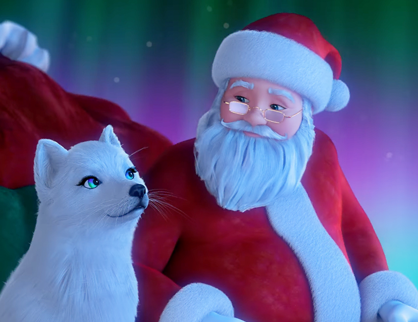Close up of 3D animated Santa Claus and Extraordinary seated in his sleigh as it flies through the sky. Behind them is his big, red gift sack and they are surrounded by the northern lights and stars.