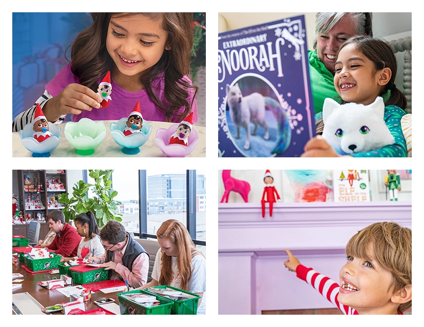 A delightful collage showcasing children enjoying fun moments with their Frost Pips, Noorah Book and Plush, and the Elf on the Shelf. This also features an image of employees packing up boxes for Operation Christmas Child.
