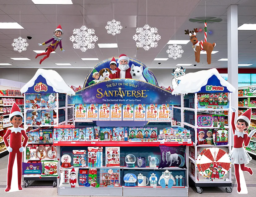 Santaverse display in a Target store including exclusive licensed products and The Elf on the Shelf and Elf Pets boxsets and Elf Mates dolls