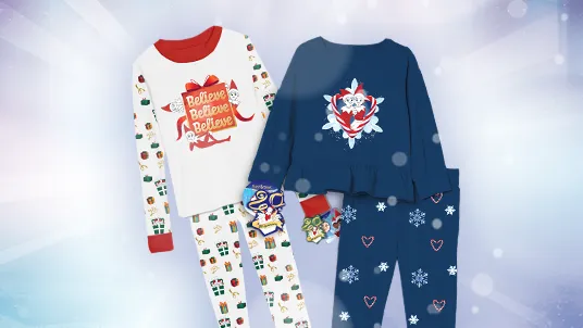 Two sets of The Elf on the Shelf branded pajamas.