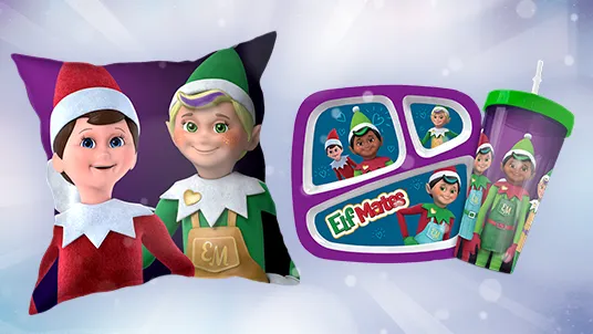 A pillow, divided plate, and plastic tumbler with a straw. Both products feature a 3D animated boy Scout Elf and the Elf Mates.