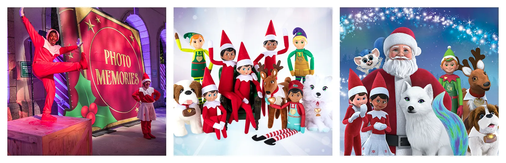 A row of 3 images. The image on the left is a man dressed in a Scout Elf costume dancing on a wooden box, and a woman dressed as a Scout Elf in front of a giant book prop that says Photo Memories on it. In the middle is a grouping of consumer products including Scout Elves, Elf Pets, and Elf Mates. On the right is a grouping of animated 3D characters including Santa, Scout Elves, an Elf Mate, Elf Pets, and a Bogie.