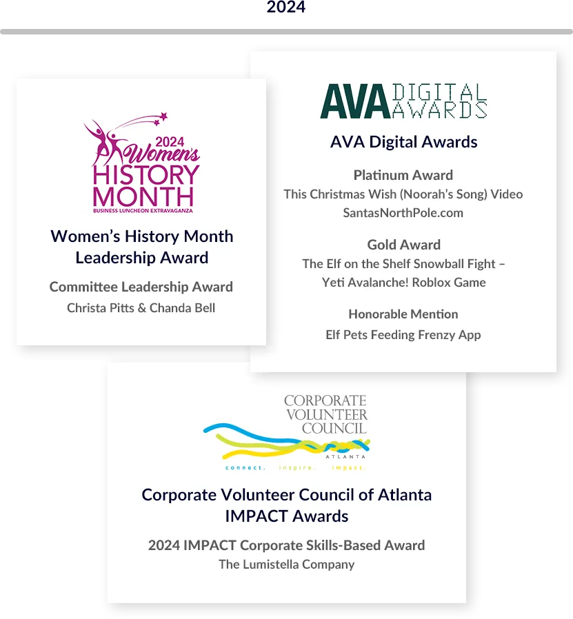 List of 2024 Awards. AVA Digital Awards Platinum Winner for This Christmas Wish (Noorah’s Song) and SantasNorthPole.com, Gold Winner for The Elf on the Shelf Snowball Fight – Yeti Avalanche! Roblox Game and an Honorable Mention for the Elf Pets Feeding Frenzy app. Christa Pitts and Chanda Bell were the Women’s History Month Leadership Award Winners presented by the Women’s History Month Committee. The Lumistella Company was awarded the 2024 IMPACT Corporate Skills-Based Award by the Corporate Volunteer Council of AtlantaIMPACT Awards.