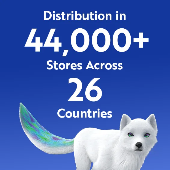 White text that reads Distributed in 44,000 Plus Stores Across 26 Countries over a blue background. Noorah is at the bottom lifting her tail up.
