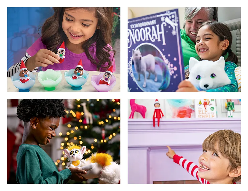 A delightful collage showcasing children enjoying fun moments with their Frost Pips, Noorah Book and Plush, and the Elf on the Shelf. This also features an image of a child being handed a Bogie plush by the hands of Santa Claus.