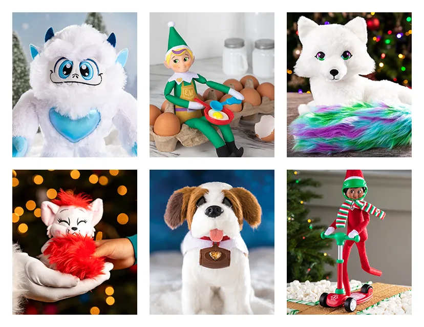 Collage of consumer products including the Little Grunt plush, Elf Pets Saint Bernard plush, Extraordinary Noorah plush, a Scout Elf on the Scout Elves at Play Stand N' Scoot, the Elf Mates Toy Maker holding the skillet, egg, and spoon from the Polar Props Cooking School Set while sitting on a carton of eggs, and the Red Bogie plush sitting in Santa's hand while a child's hand touches it.