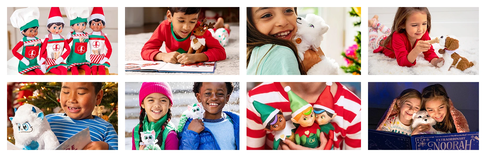 A collage of children interacting with The Elf on the Shelf, Elf Pets, SnoBiggie, Bogies, Elf Mates, and Noorah products.