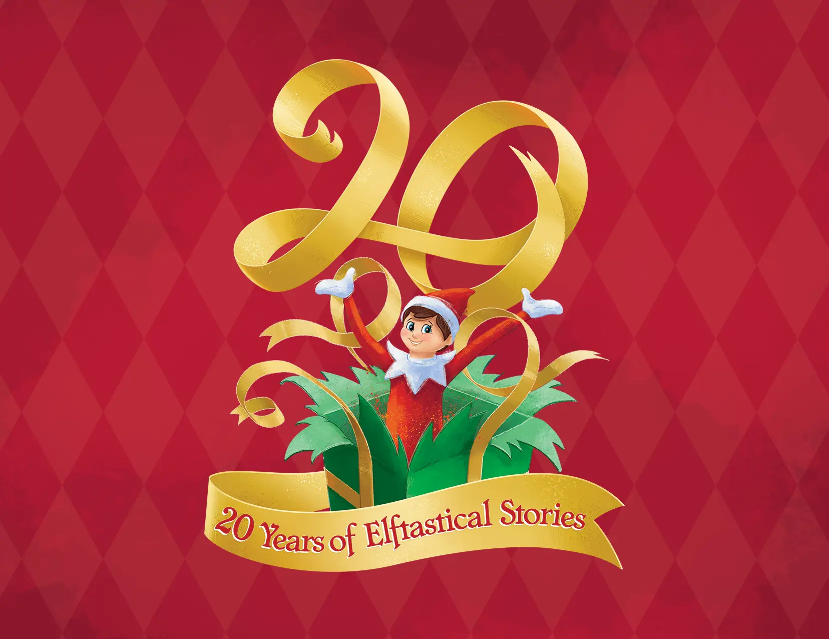 The 20th Anniversary logo centered on a red diamond pattern background. The logo has the number 20 spelled out in gold ribbon and a Scout Elf is sitting inside the 0. Underneath the 20 is another gold ribbon that says 20 Years of Elftastical Stories on it.