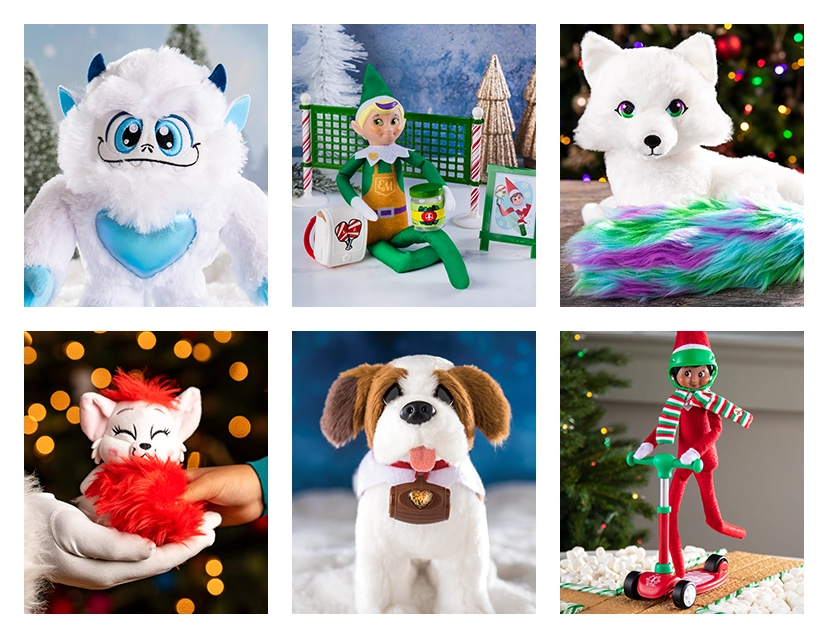 Collage of consumer products including the Little Grunt plush, Elf Pets Saint Bernard plush, Extraordinary Noorah plush, a Scout Elf on the Scout Elves at Play Stand N' Scoot, the Elf Mates Toy Maker holding a pickleball set from the Polar Props™ Pickleball Play Pack, and the Red Bogie plush sitting in Santa's hand while a child's hand touches it.
