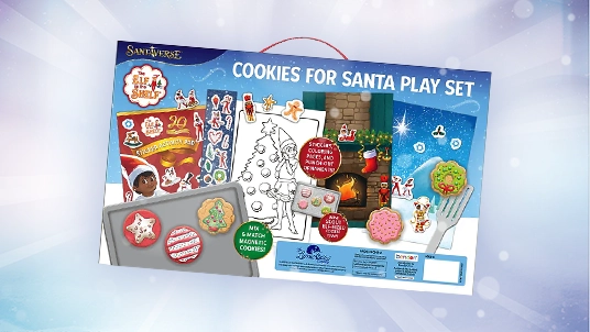 The Cookies for Santa Play Set box. The box features the contents inside featuring play cookies, cookie sheet, spatula, stickers, and a coloring sheet.