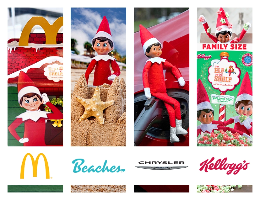 On the far left is a McDonald's Happy Meal box featuring a Scout Elf and The Elf on the Shelf logo. The McDonald's logo is laid overtop the image. To the right of that image, there is an image of a Scout Elf sitting behind a sandcastle on a beach. Resting on the sandcastle is a starfish. The Beaches logo is laid overtop the image. To the right of that image, there is an image of a Scout Elf sitting on a gas pump handle that is resting in the gas tank of a red car. The Chrysler logo is laid overtop the image. To the right of that image, there is a Scout Elf popping out from inside a The Elf on the Shelf Sugar Cookie Cereal box covered in cereal pieces. The Kellogg's logo is laid overtop the image.