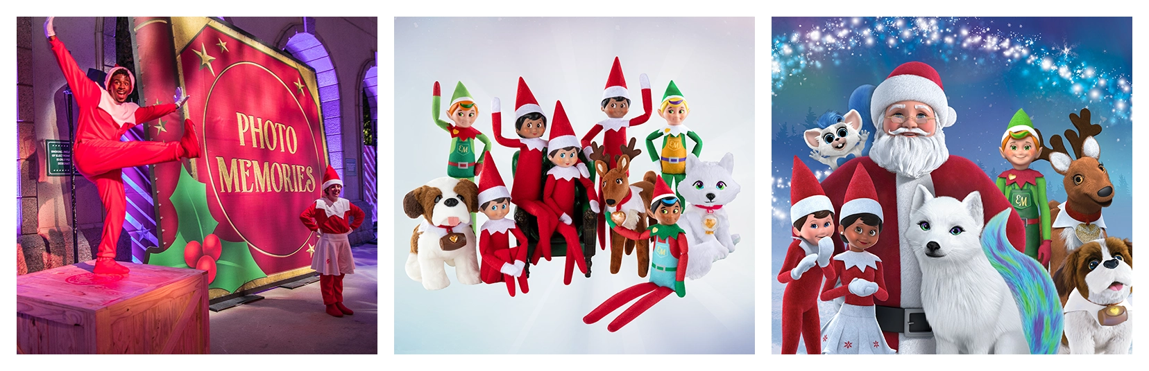 A row of 3 images. The image on the left is a man dressed in a Scout Elf costume dancing on a wooden box, and a woman dressed as a Scout Elf in front of a giant book prop that says Photo Memories on it. In the middle is a grouping of consumer products including Scout Elves, Elf Pets, and Elf Mates. On the right is a grouping of animated 3D characters including Santa, Scout Elves, an Elf Mate, Elf Pets, and a Bogie.