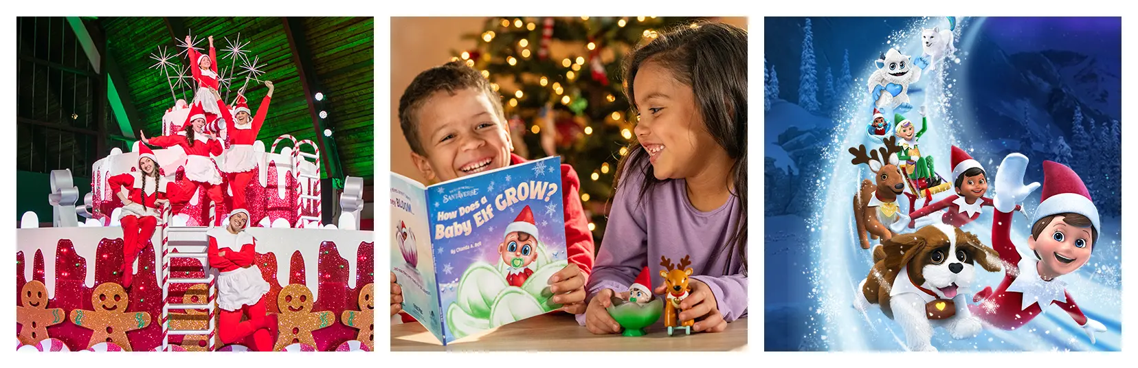 A row of 3 images. The image on the left is a group of dancers in Scout Elf outfits dancing on top of a large red and white glittering cake decorated with candy candy ladders, gingerbread men, gingerbread men cookie cutters, and sparklers. In the middle is a boy and a girl reading the How Does a Baby Elf Grow? Book while playing with a Frost Pips doll and a Frost Pips-sized reindeer. On the right is a grouping of animated 3D characters flying through the air on a sparkly snow trail including a boy Scout Elf, a Girl Scout Elf, an Elf Pets Saint Bernard, an Elf Pets Reindeer, an Elf Mates Chef, a Frost Pip, Little Grunt, and Noorah.