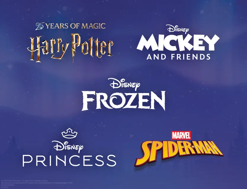 The Harry Potter 25 Years of Magic, Disney Mickey and Friends, Disney Frozen, Disney Princess, and Marvel Spider-Man logos over a northern lights background.