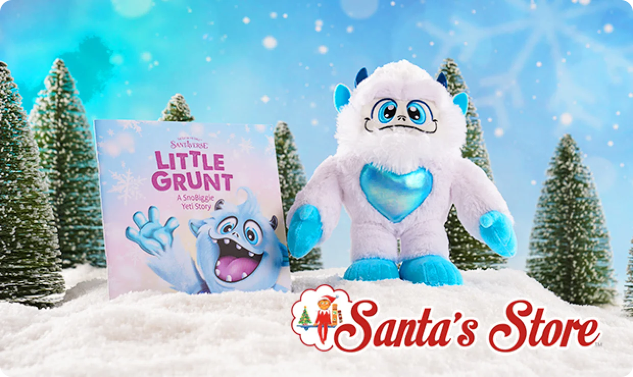 In the center is the Little Grunt a SnoBiggie Yeti Storybook standing upright in a patch of snow. The cover of the book contains the book title on the top center with the Santaverse logo above it. On the bottom right of the cover is a closeup of Little Grunt from the chest up smiling and waving. The background of the cover is a light blue and lavender with snowflakes. To the right of the book is the Little Grunt plush standing in the snow. In the snow are snow-covered pine trees and there’s a light blue background with snowflakes. On the bottom right of the image is the Santa’s Store logo.