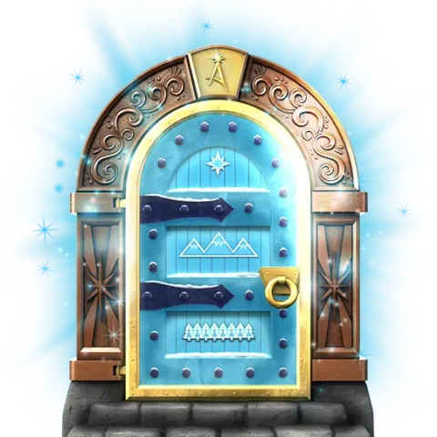 A blue door surrounded with an ornate wooden archway and with stone steps leading up to it. The door is held in place by a gold door frame, has a gold knob, and has black hinges. The door is painted with a star, some mountains, and a row of evergreen trees. There is a blue glow and white sparkles surrounding the outside of the archway. The door is slightly open, and a white light is emanating from the crack. The gold keystone in the archway above the door has the Santaverse A logo embossed on it.