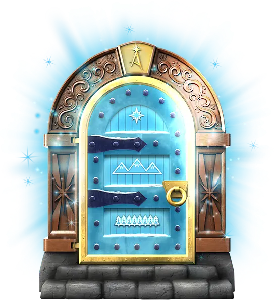 A blue door surrounded with an ornate wooden archway and with stone steps leading up to it. The door is held in place by a gold door frame, has a gold knob, and has black hinges. The door is painted with a star, some mountains, and a row of evergreen trees. There is a blue glow and white sparkles surrounding the outside of the archway. The door is slightly open, and a white light is emanating from the crack. The gold keystone in the archway above the door has the Santaverse A logo embossed on it.