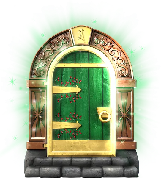 A green door surrounded with an ornate wooden archway and with stone steps leading up to it. The door is held in place by a gold door frame, has a gold knob, and has gold hinges. The door is painted around the hinges with red leaves on green vines. There is a green glow and white sparkles surrounding the outside of the archway. The door is slightly open, and a white light is emanating from the crack. The gold keystone in the archway above the door has the Santaverse A logo embossed on it.