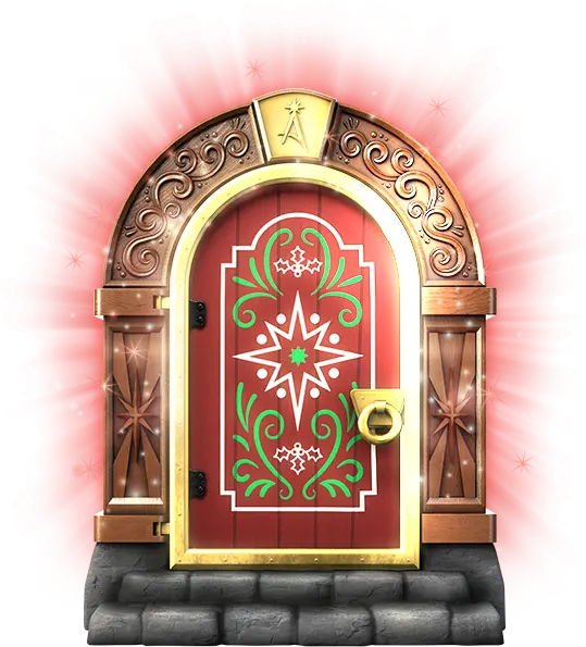 A red door surrounded with an ornate wooden archway and with stone steps leading up to it. The door is held in place by a gold door frame, has a gold knob, and has black hinges. The door has a white and green painting on it featuring a star, holly berries and leaves, and some flourishes surrounded by a border. There is a red glow and white sparkles surrounding the outside of the archway. The door is slightly open, and a white light is emanating from the crack. The gold keystone in the archway above the door has the Santaverse A logo embossed on it.