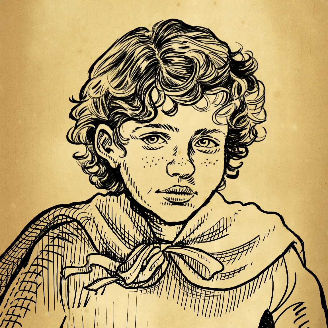 A black ink sketch of Nicholas of Lycia from the chest up. The sketch is overlaid on a parchment paper background.