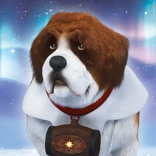 Barry from the chest up. He is wearing his red collar, and hanging from it is a wooden barrel with a gold star glowing on the front. Behind him are the northern lights, stars, and flecks of snow