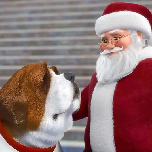 On the bottom left there is a side view of Barry's head and he is looking up and to the right. On the right is Santa Claus in his red and white suit from the waist up looking down at Barry lovingly. They are standing in front of the gray stone steps leading up to the Strategy Room in the North Pole.