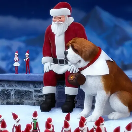 In the middle of the photo is Santa Claus sitting on a stone wall. He is looking down towards a crowd of Scout Elves gathered in front of him on the snow-covered ground. Barry is sitting next to Santa in front of the wall. Standing on the wall next to Santa are Joy Sugar Cookie and Clueless the elves. Mountains and a night sky are in the background.