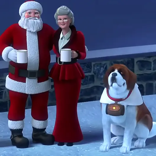 On the bottom right, Barry is sitting on the snow-covered ground in front of a short stone wall. He is looking up and smiling. On the right standing next to Barry are Santa and Mrs. Claus in their red and white outfits. Santa has his arm around Mrs. Claus' back. They are both smiling and holding white and gold mugs of hot cocoa. A night sky is in the background.