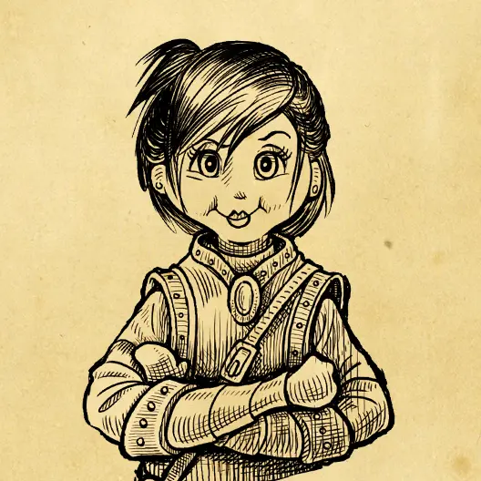 A black ink sketch of Delshimerry from the chest up. The sketch is overlaid on a parchment paper background.