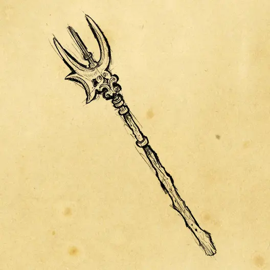 A black pencil sketch of Delshimerry's Larlork weapon. The sketch is overlaid on a parchment paper background.