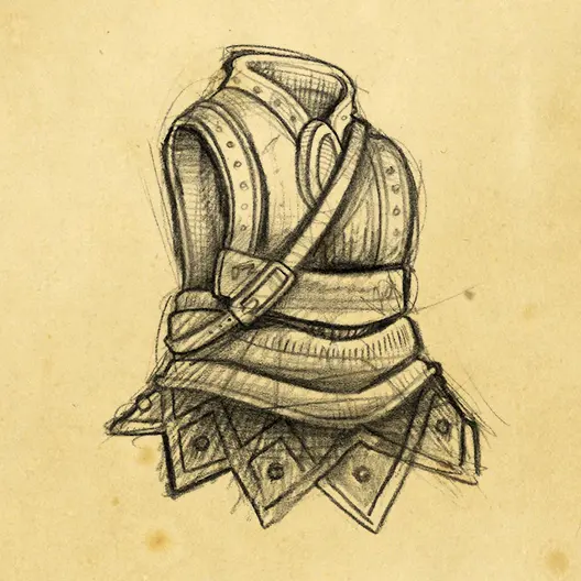 A black pencil sketch of Delshimerry's vest. The sketch is overlaid on a parchment paper background.