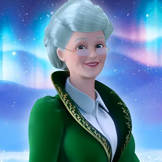Mrs. Claus in her green coat and white collared shirt from the chest up. Behind her are the northern lights, stars, and flecks of snow