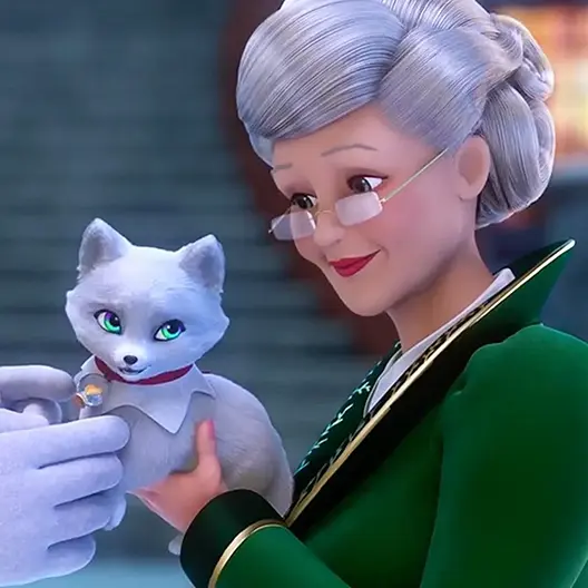Mrs. Claus in her green coat and white collared shirt from the chest up. She is holding an arctic fox cup in her hands that is being passed to her by Santa Claus' white gloved hands. Behind her are stone steps and a window emanating a warm orange and yellow light.