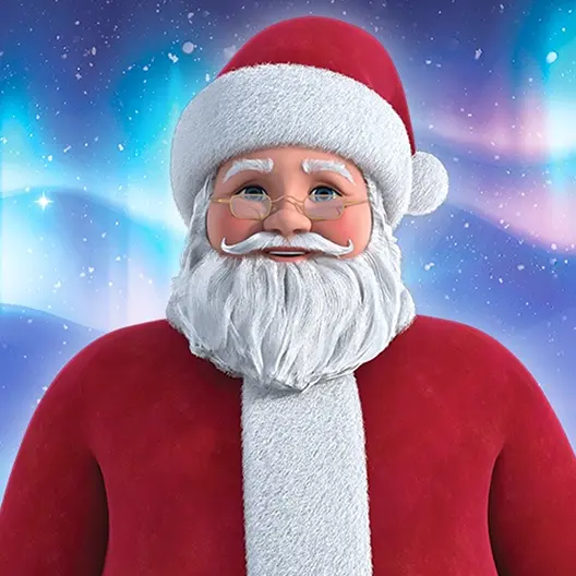 Santa Claus in his red and white suit from the chest up. Behind him are the northern lights, stars, and flecks of snow