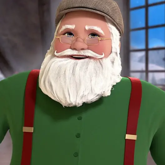 Santa Claus smiling in his green button down shirt with red suspenders and a tan newsboy cap. Behind him is a window with the North Pole scenery visible through it.