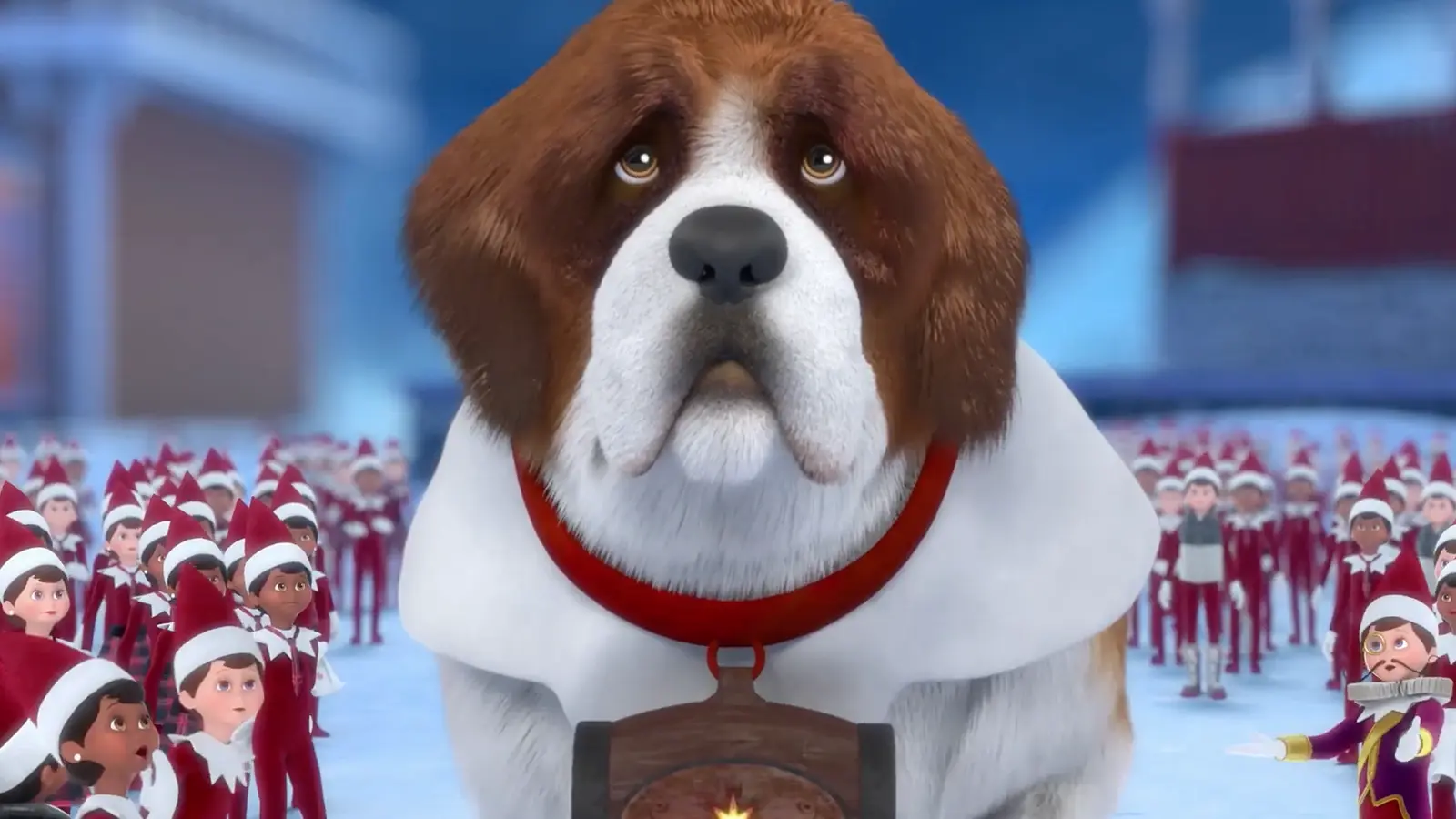 Barry the Saint Bernard from the chest up and head on looking upwards. He is standing on a snow-covered ground in the City Center with the buildings behind him. Surrounding him and standing on the ground are many Scout Elves looking up at him.