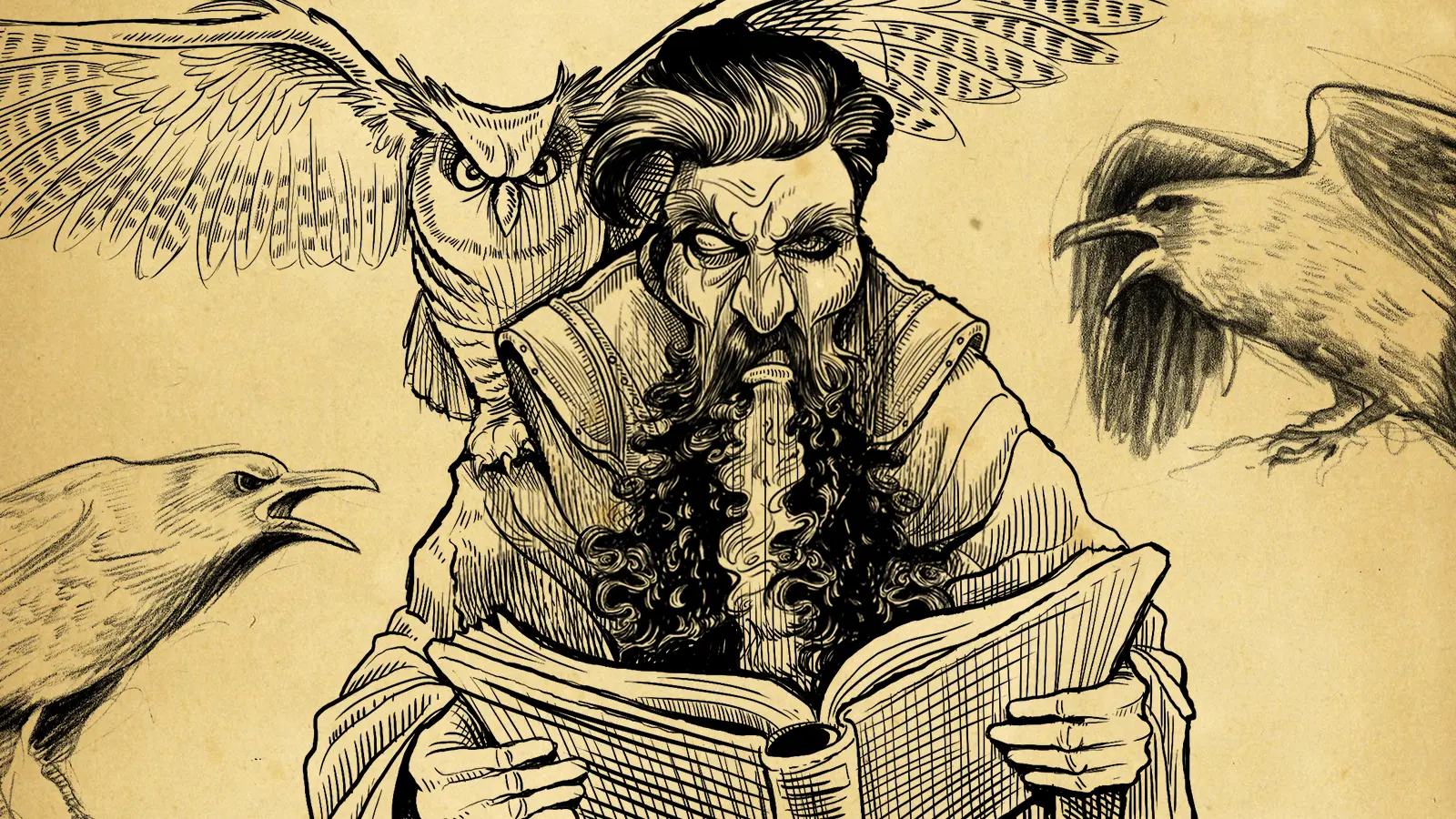 A black ink sketch of Gangleri grimacing and holding an open book in front of his chest. On his shoulder is an owl with its wings outstretched. To the right is Huggin and to the left is Munnin, his two crows. The sketch is overlaid on a parchment paper background.