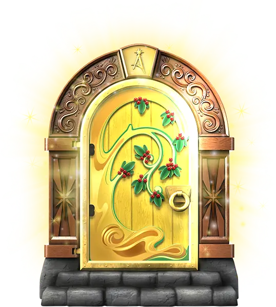 A yellow door surrounded with an ornate wooden archway and with stone steps leading up to it. The door is held in place by a gold door frame, has a gold knob, and has black hinges. The door is painted with swirls of gold and green, and with holly leaves and berries. There is a yellow glow and white sparkles surrounding the outside of the archway. The door is slightly open, and a white light is emanating from the crack. The gold keystone in the archway above the door has the Santaverse A logo embossed on it.
